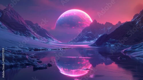 Futuristic fantasy landscape, sci-fi landscape with planet, neon light, cold planet. Galaxy, unknown planet. Dark natural scene with light reflection in water. Neon space galaxy portal. 3d