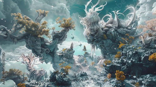 Craft a digital CG 3D artwork showcasing a top-down perspective of a mental landscape  blending symbolic elements of the psyche with ethereal mythical beasts in a harmonious union