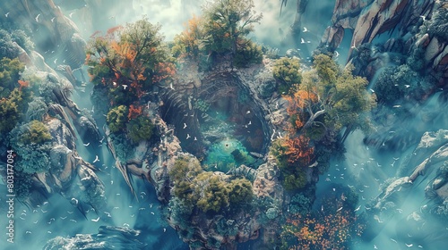 Craft a digital CG 3D artwork showcasing a top-down perspective of a mental landscape, blending symbolic elements of the psyche with ethereal mythical beasts in a harmonious union photo