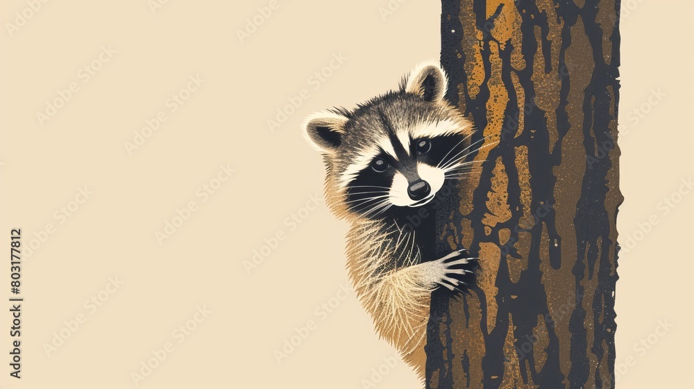 Minimalist illustration of a curious raccoon peeking from behind a tree