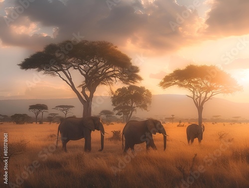 photo of elephants in the savannah with warm tones and soft lighting creating a serene atmosphere.