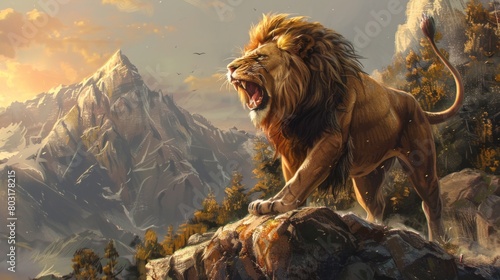 Lion roaring on the cliff photo