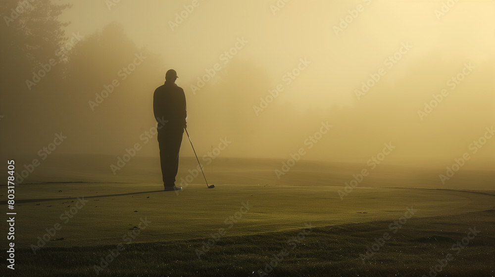 Silhouetted golfer standing with club on a misty golf course and contemplating a serene, foggy landscape. Generative AI