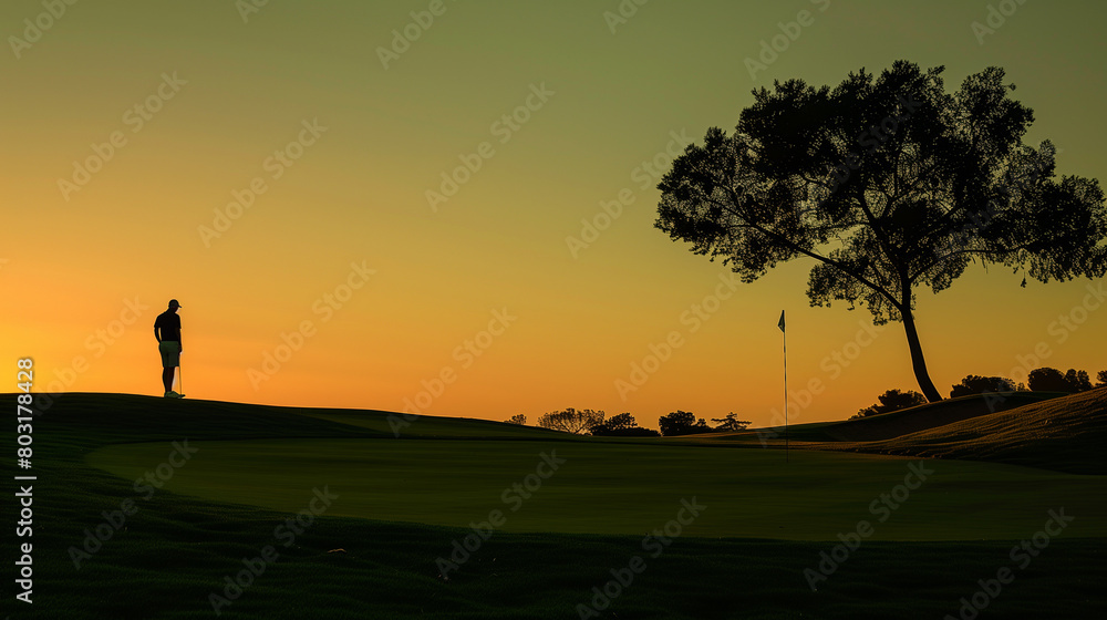 Silhouetted golfer standing golf course and contemplating a serene at sunset. Generative AI