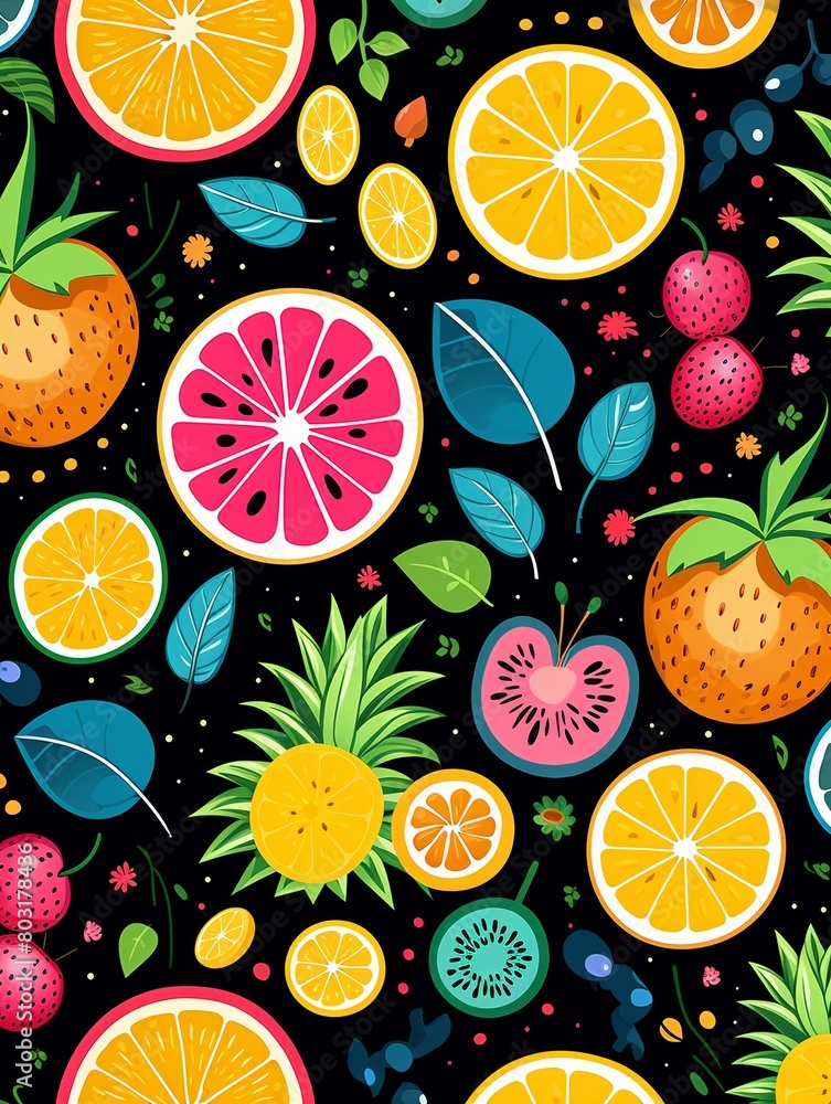 Trendy fruit pattern, bold colors, repeating simple lines, seamless vector for modern textile art , flat graphic drawing Trendy fruit pattern, bold colors, repeating simple lines, seamless vector for modern textile art , flat graphic drawing
