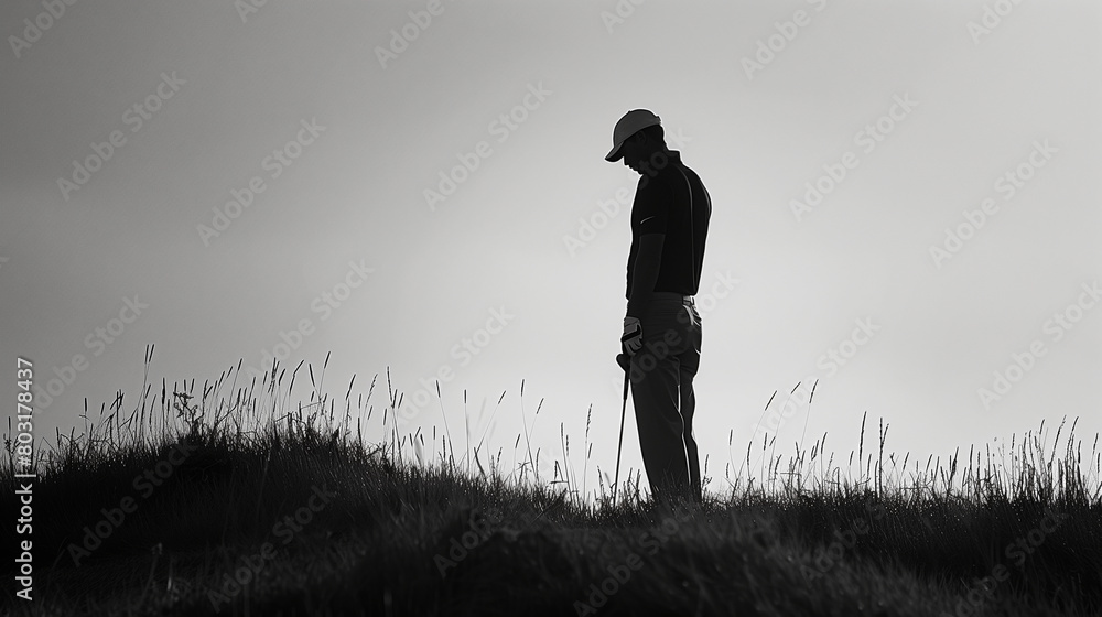 Silhouetted golfer standing golf course and contemplating a serene. Generative AI Silhouetted golfer standing golf course and contemplating a serene. Generative AI