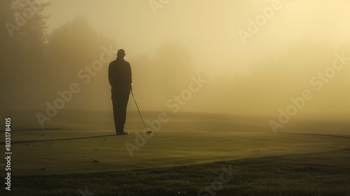 Silhouetted golfer standing with club on a misty golf course and contemplating a serene, foggy landscape. Generative AI