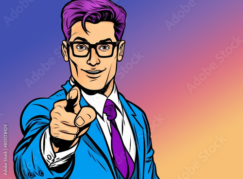 Pop art style business man in a suit with purple hair and tie, pointing on a gradient background with copy space 