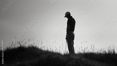 Silhouetted golfer standing golf course and contemplating a serene. Generative AI