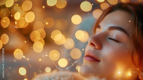 Close up of a beautiful young woman closed eyes smiling relaxed while having a massage spa treatment against a background of blurred bright salon lights with copy space