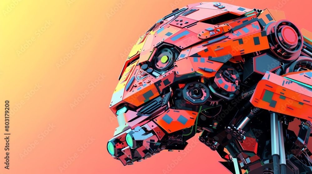 Develop a unique 3D robot sculpture in a pixel art style, depicted at eye-level to emphasize its retro-futuristic charm Play with vibrant colors and sharp edges to create a visually engaging piece Develop a unique 3D robot sculpture in a pixel art style, depicted at eye-level to emphasize its retro-futuristic charm Play with vibrant colors and sharp edges to create a visually engaging piece