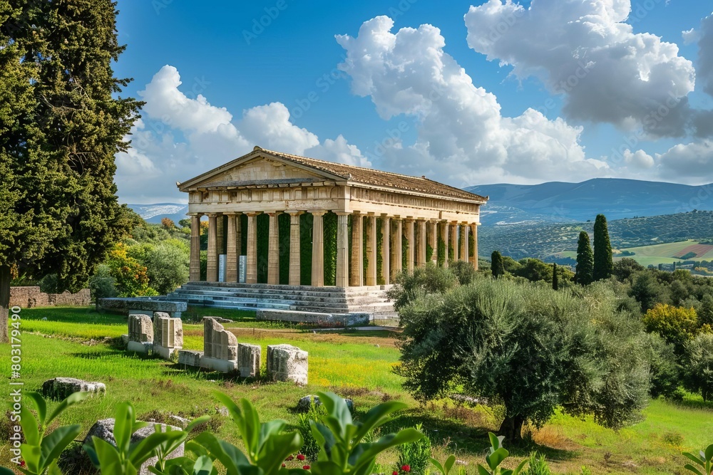 ancient greek temple with columns lush green landscape blue sky and fluffy clouds majestic mythological scene