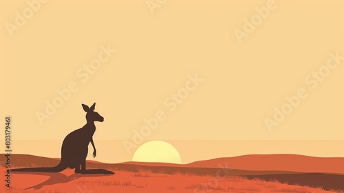 Minimalist illustration of a kangaroo watching the sunset in a serene outback