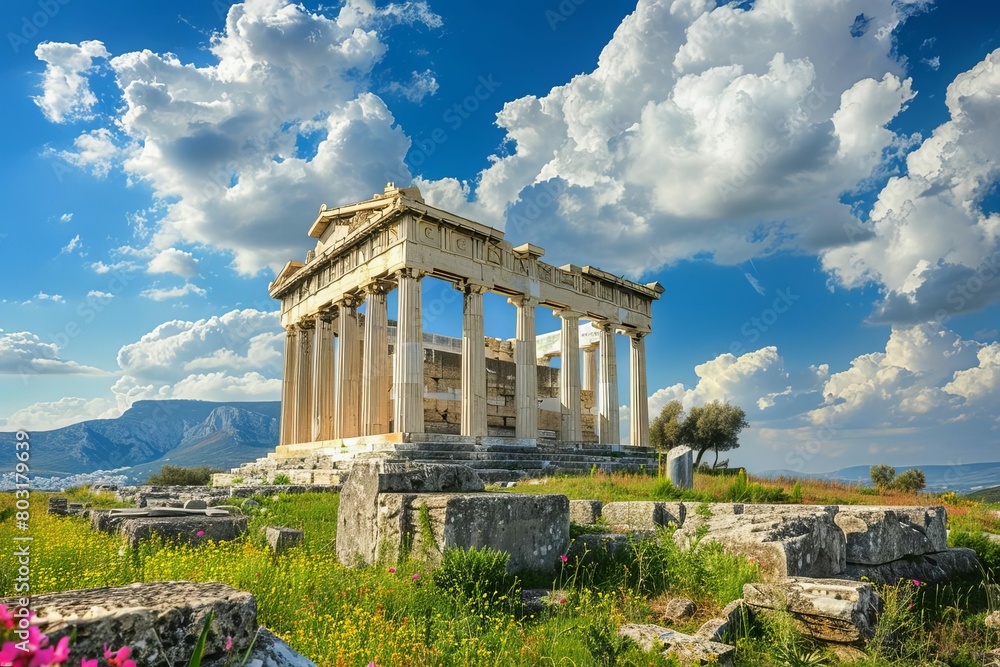 ancient greek temple with columns lush green landscape blue sky and ...