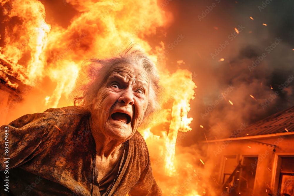 An elderly woman screams in despair in front of a raging fire consuming a house