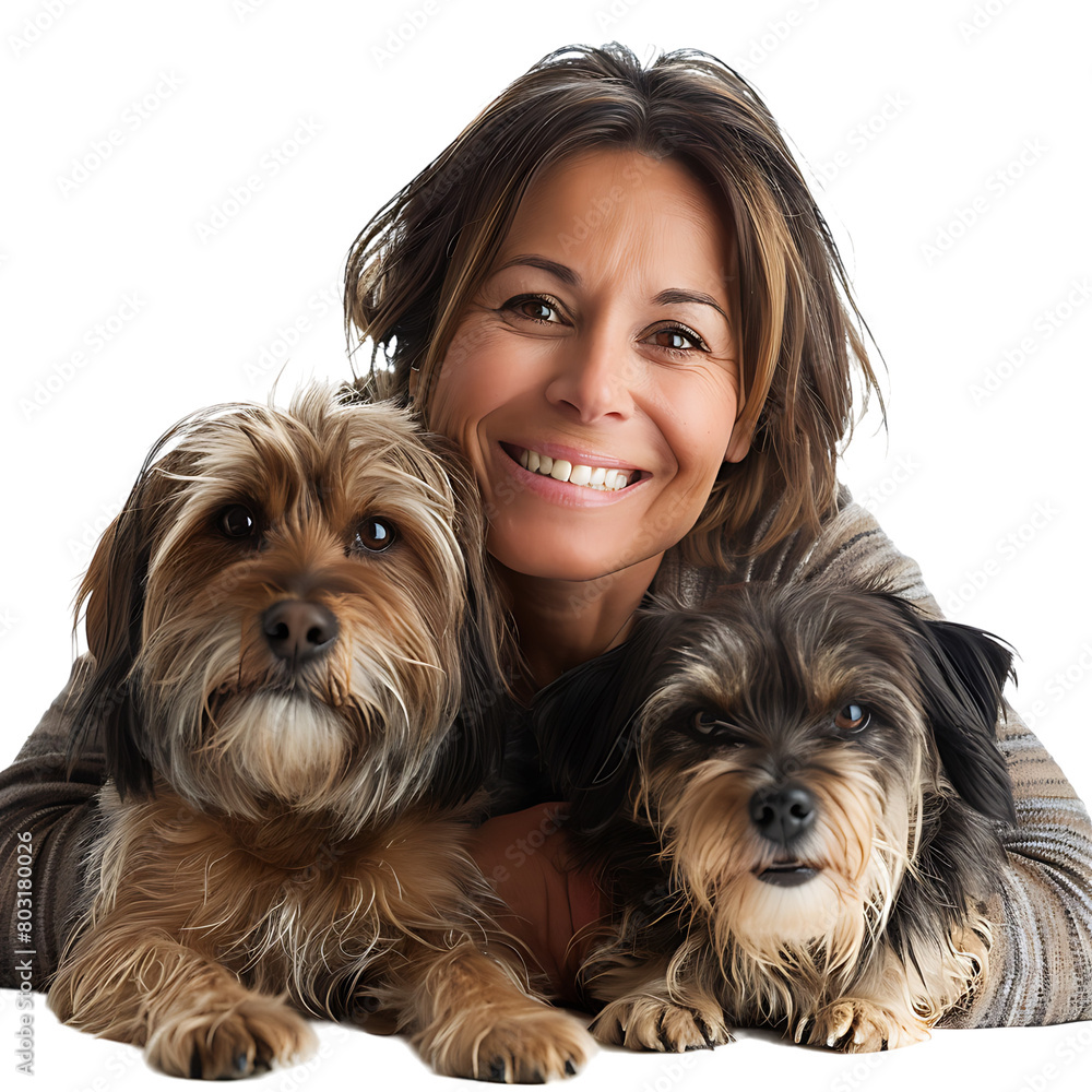 Woman with 2 pet dogs on isolated transparent background Woman with 2 pet dogs on isolated transparent background