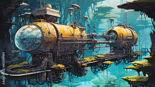 Illustrate a mesmerizing underwater scene using traditional watercolor, portraying futuristic contraptions and machinery from unique and unexpected perspectives, immersing viewers in a whole new world