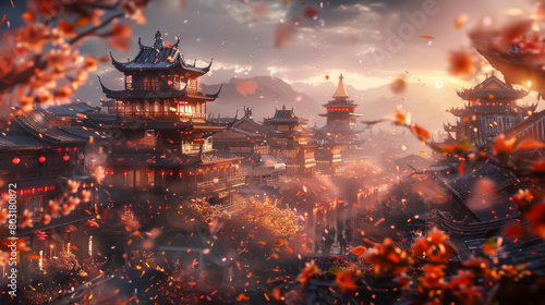 Chinese ancient city, bright atmosphere, bird's-eye view, details, fantasy, brilliant lighting effects