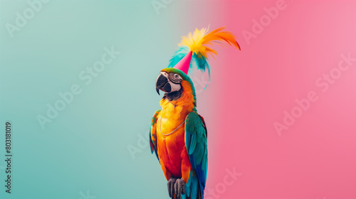 a large parrot in a festive hat on a pink and blue background. place for the text