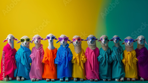 sheep in colorful glasses and clothes. Sheep in a group, vibrant bright fashionable outfits on yellow background. Creative Sheep birthday concept.