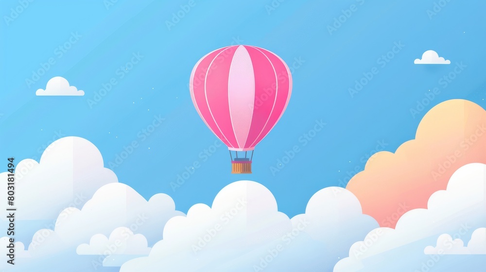 Vibrant hot air balloon soaring above fluffy clouds against a clear blue sky