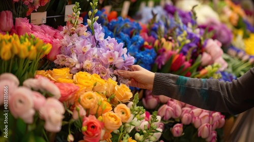 Hands of buyers reaching for assorted flowers at a market stall, choosing the perfect bouquet.
 photo