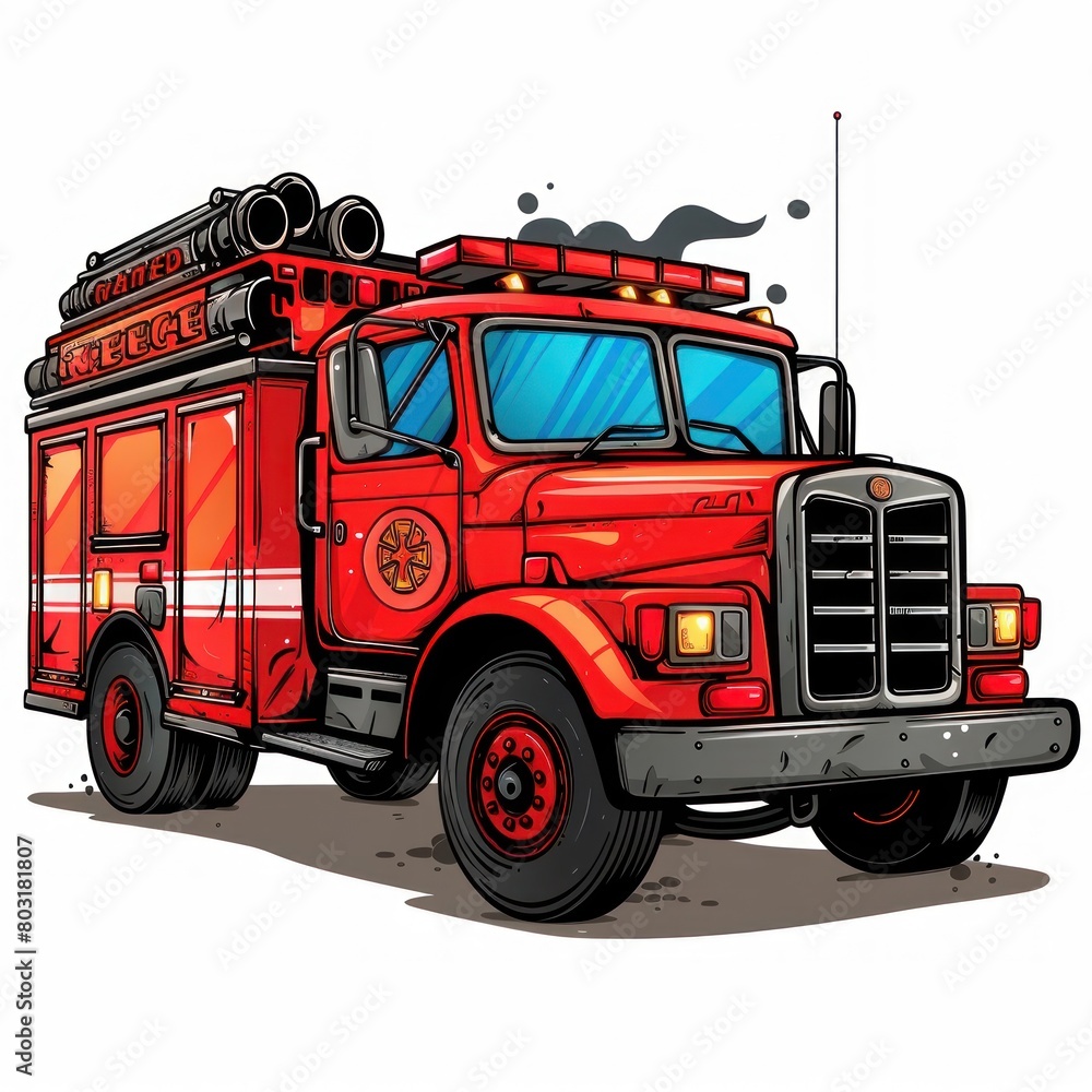 A red fire truck with a white stripe on the side