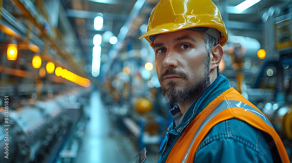 engineer in full safety attire, including a helmet and reflective vest. - factory interior exuding confidence and control. He holds a laptop, sophisticated design and the factory's clean, organized. engineer in full safety attire, including a helmet and reflective vest. - factory interior exuding confidence and control. He holds a laptop, sophisticated design and the factory's clean, organized.
