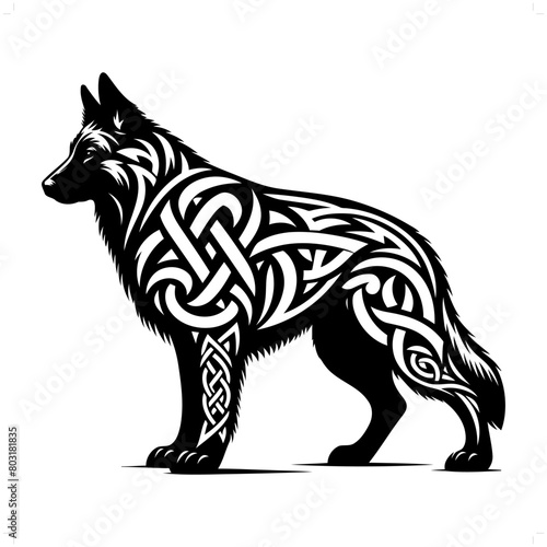dog, German Shepherd silhouette in animal celtic knot, irish, nordic illustration