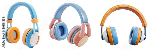 PNG headphones 3d icons and objects collection, in cartoon style minimal on transparent, white background, isolate