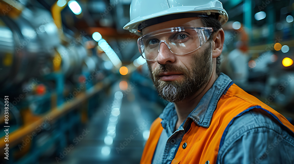 engineer in full safety attire, including a helmet and reflective vest. - factory interior exuding confidence and control. He holds a laptop, sophisticated design and the factory's clean, organized. engineer in full safety attire, including a helmet and reflective vest. - factory interior exuding confidence and control. He holds a laptop, sophisticated design and the factory's clean, organized.