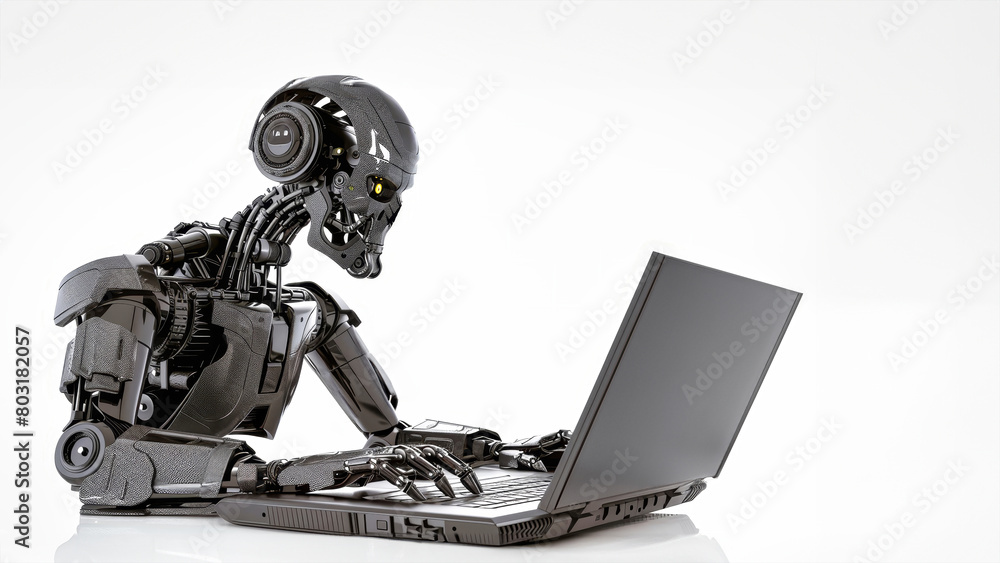 A robot with artificial intelligence showcases its abilities by sitting on top of a laptop computer. It is seen working and interacting effortlessly with technology A robot with artificial intelligence showcases its abilities by sitting on top of a laptop computer. It is seen working and interacting effortlessly with technology