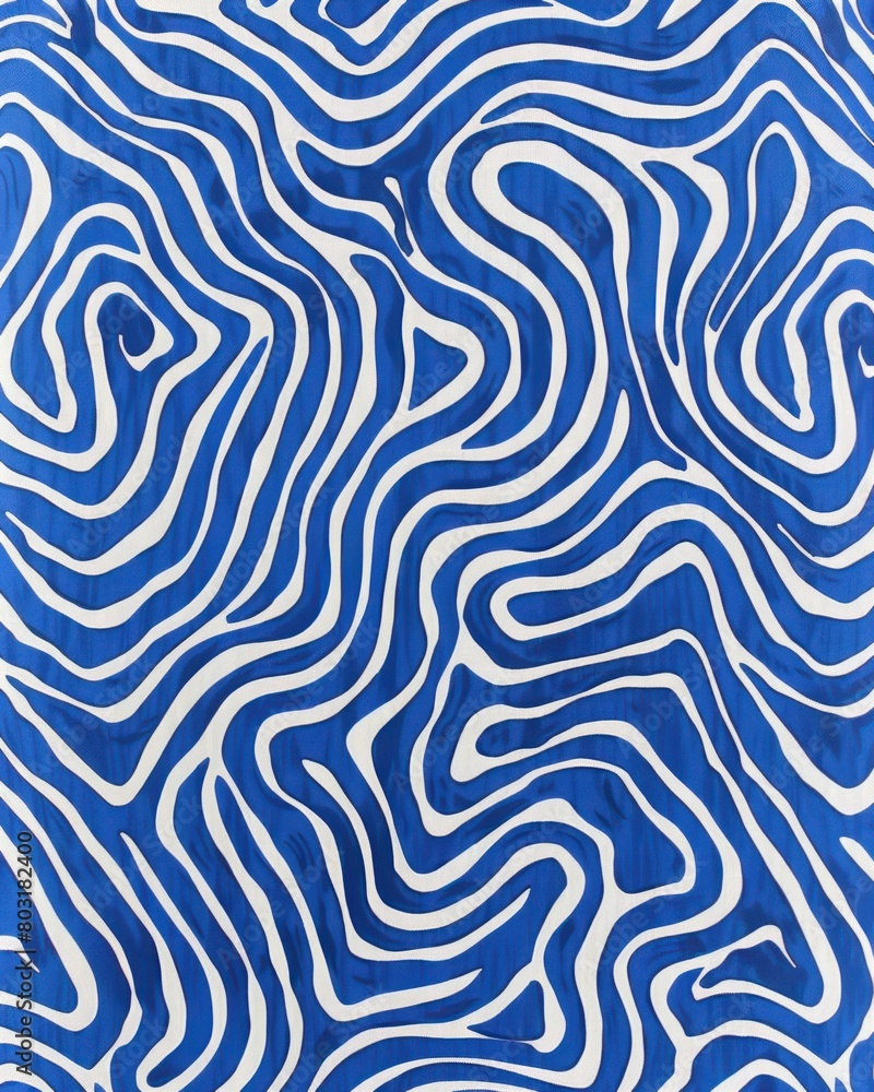 Blue and White Painting With Wavy Lines
