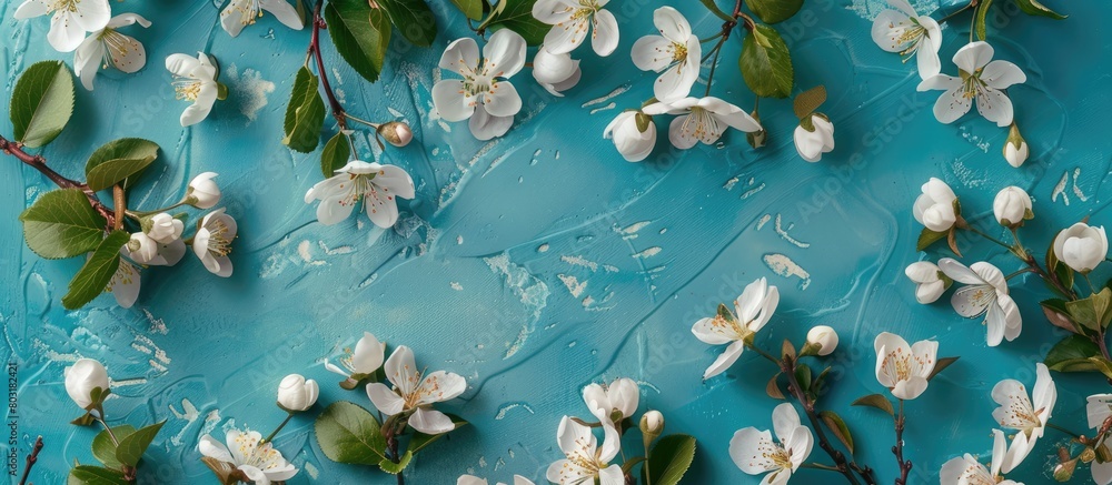Top view of a beautiful turquoise blue backdrop adorned with white blossoms, representing the essence of springtime and nature. Top view of a beautiful turquoise blue backdrop adorned with white blossoms, representing the essence of springtime and nature.
