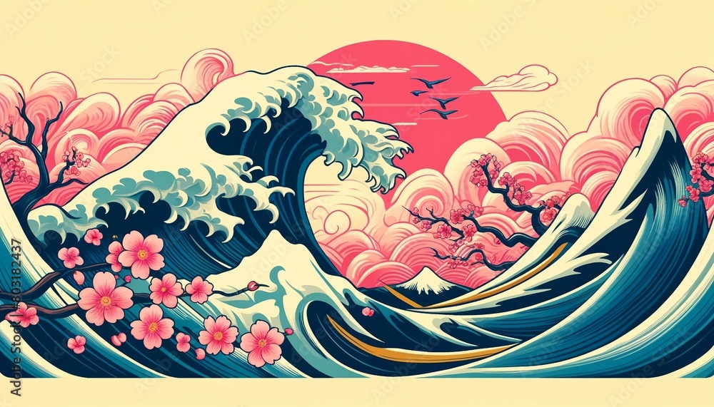 Abstract Hokusai Style Background with Waves and Sakura, Generative AI Abstract Hokusai Style Background with Waves and Sakura, Generative AI