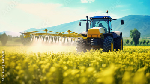 A tractor moves gracefully through a field  spraying crops with a sprayer to protect and nourish them