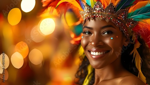 Brazilian woman in vibrant carnival attire dancing samba with a happy smile. Concept Brazilian Culture, Carnival, Samba Dancing, Vibrant Attire, Joyful Expression