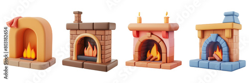 PNG fireplace 3d icons and objects collection, in cartoon style minimal on transparent, white background, isolate