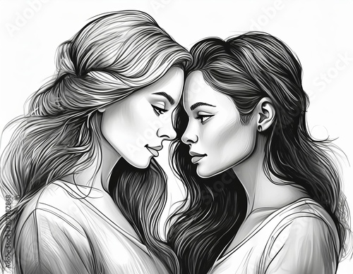 girlfriends day, two women face to face, loving female, edding drawn, lesbian tenderness photo