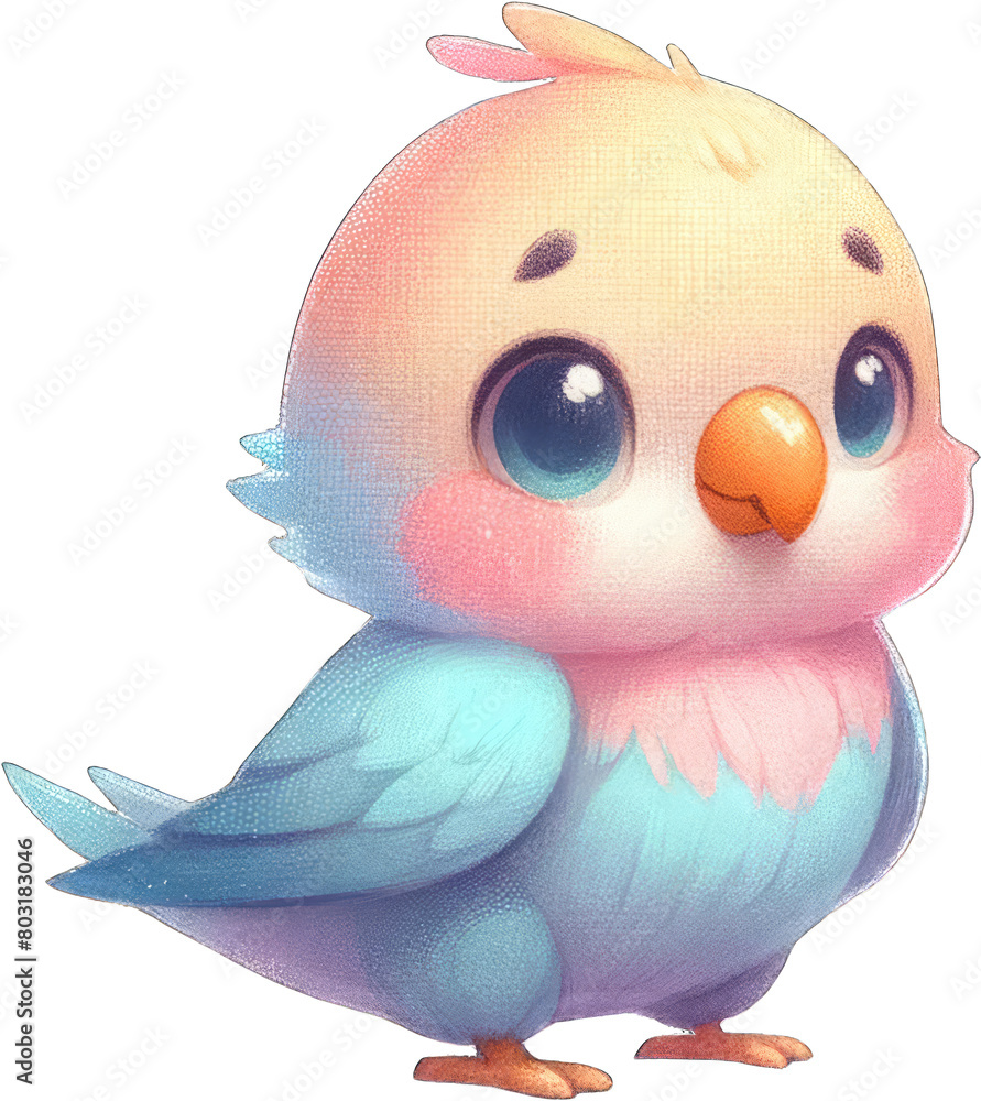 A cute cartoon-style illustration of a baby parrot with light blue and peach feathers on transparent background.