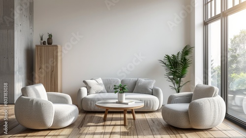 Corner view on bright living room interior with panoramic window  armchairs  sofa  coffee table  cupboard and wooden hardwood floor. Concept of minimalist design. Space for creative idea. 3d rendering