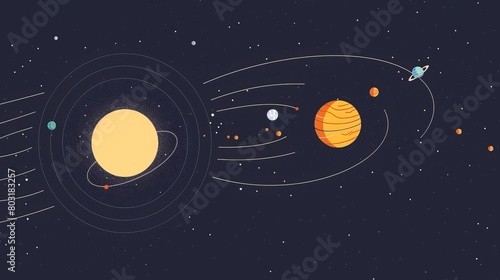 Colorful minimalist illustration of a solar system with vibrant planets and orbits photo