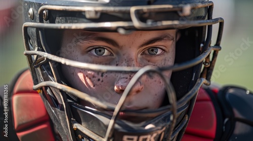 The focused face of a catcher as he gears up to throw the ball, © Nicolas
