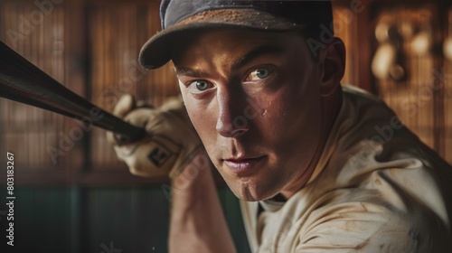 The intense concentration in a batter eyes, captured just as he swings at a fastball photo