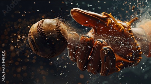 The moment a ball hits the glove, captured with precision to show the impact and leather texture photo