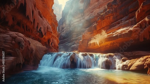 waterfall view in the canyon. wonderful rock forms created by erosion. View of the river in the canyon. waterfall landscape in nature. beautiful landscape in the red valley. landscape photography