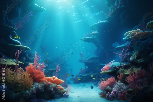 Illustrate the depths of Underwater Worlds through digital 3D rendering  experimenting with unexpected camera angles to reveal hidden wonders beneath the surface