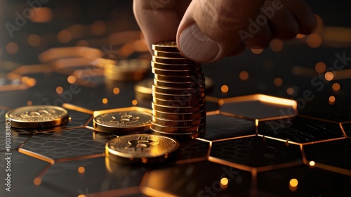 Human hand stacking coins over a black background with hexagonal golden shapes. Concept of investment management and portfolio diversification. Composite image between a hand photography and a 3D back photo