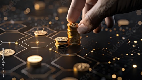 Human hand stacking coins over a black background with hexagonal golden shapes. Concept of investment management and portfolio diversification. Composite image between a hand photography and a 3D back photo