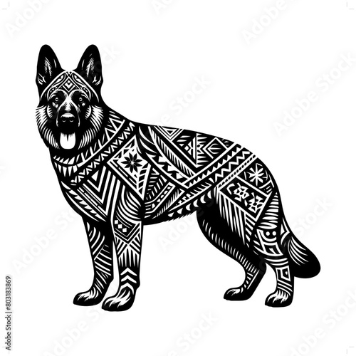 dog, German Shepherd silhouette in animal ethnic, polynesia tribal illustration